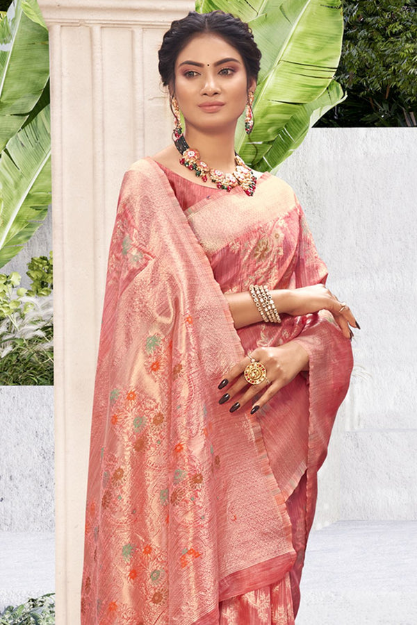 Women's Pink Cotton Silk Woven Zari Work Traditional Saree - Sangam Prints