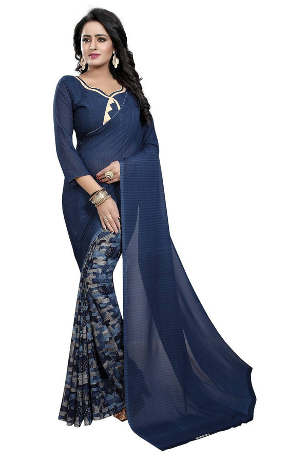 Women's Vamika Grey Georgette Printed Half & Half Saree Half Ink - Vamika