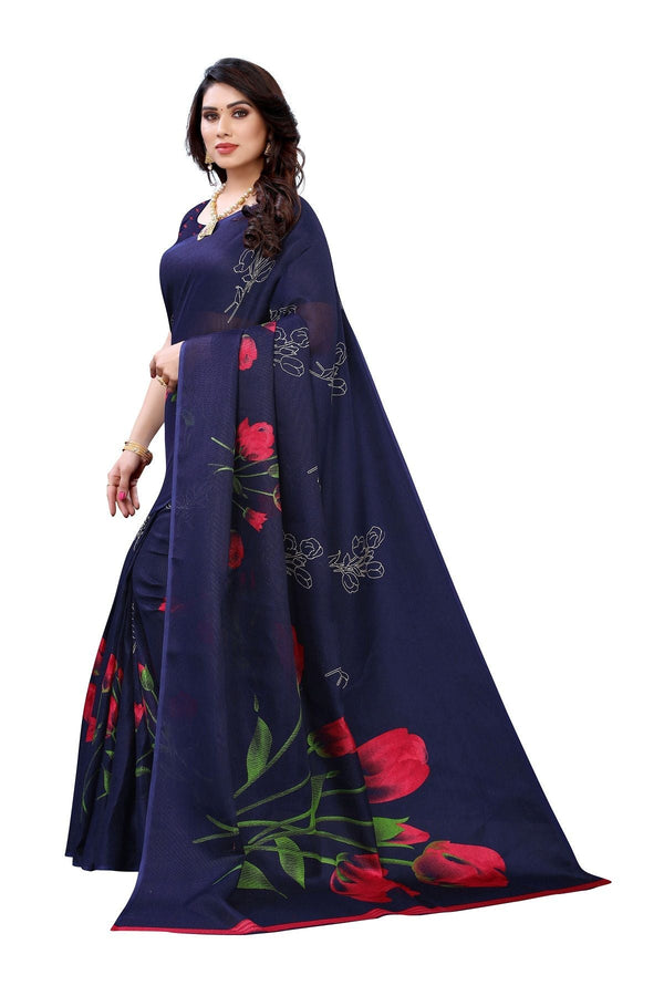 Women's Printed Jute Silk Elisa Navy Saree - Vamika