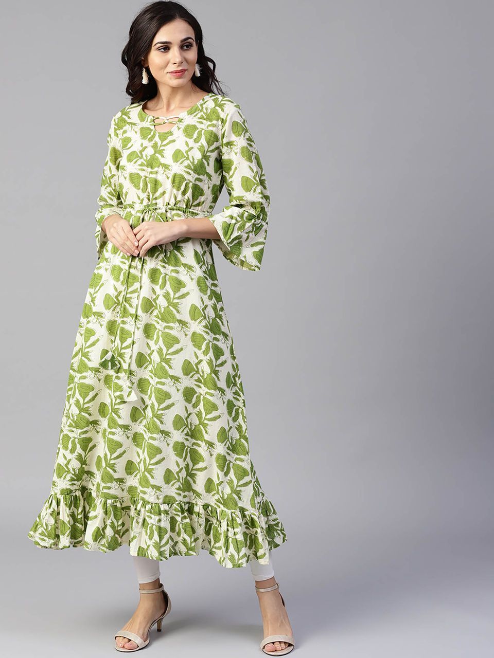 Women's Green & Off-White Printedkurta - Yufta