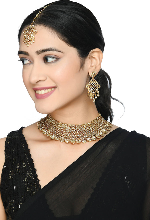 Indiakreations Gold-Plated Golden Colour Stone Heavy Design Choker Set with Tikka Jkms_082