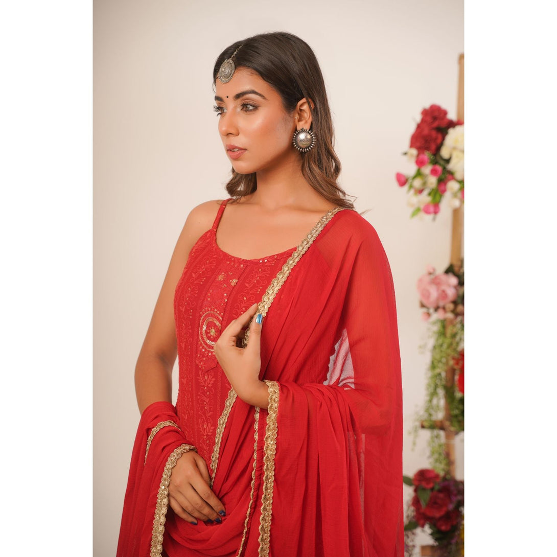 Women's Red Chikankari Suit Set With Dupatta - Rangpur