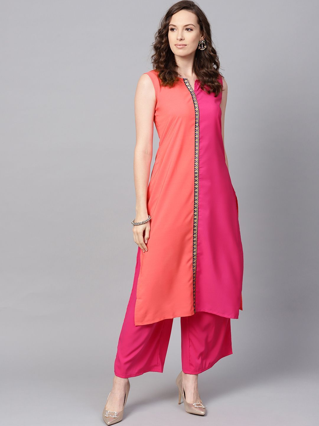 Women's Pink Color Solid Straight Crepe Kurta - Ziyaa