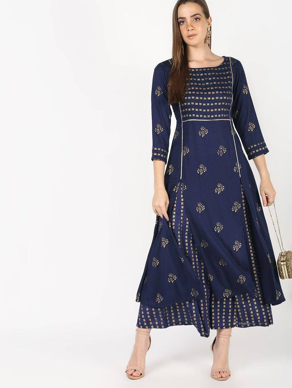 Women's Navy Front Slit Cut A-Line Kurta With Palazzo Set - Cheera