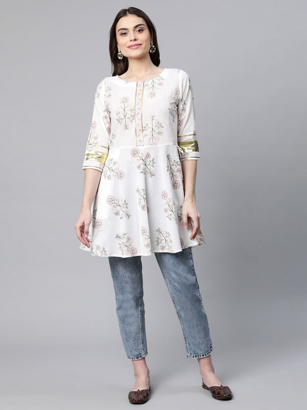 Off White Pure Cotton Floral Printed Tunic