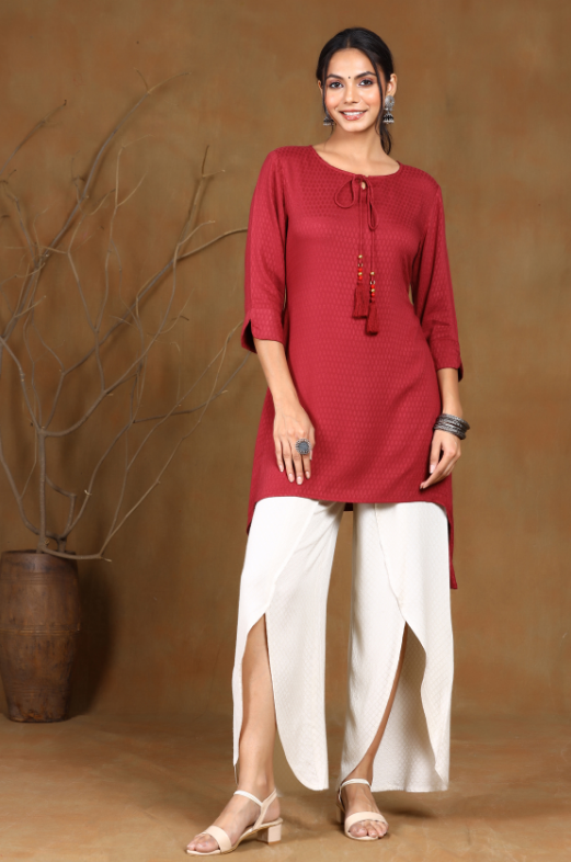 Women's Wine Rayon Dobby Asymmetric Kurta - Juniper