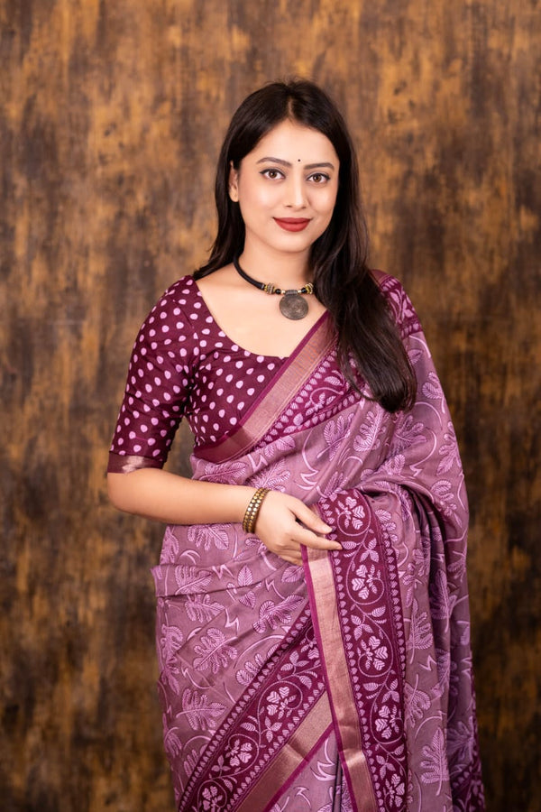 Women's Onion Cotton Crepe Printed Saree - A2M