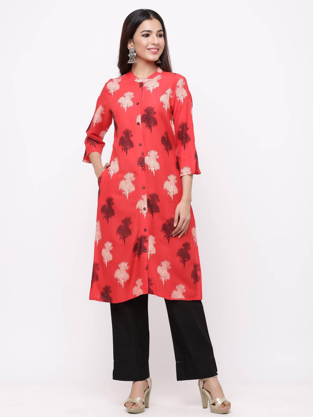 Women's Red Rayon Printed A-Line Front-Open Kurta - Juniper