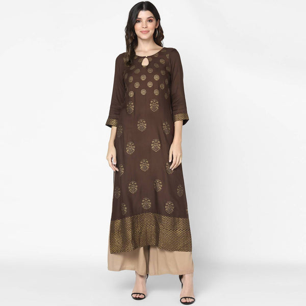 Women's Brown & Skin Color Cotton Hand Block Print Straight Kurta With Palazzo Set - Cheera