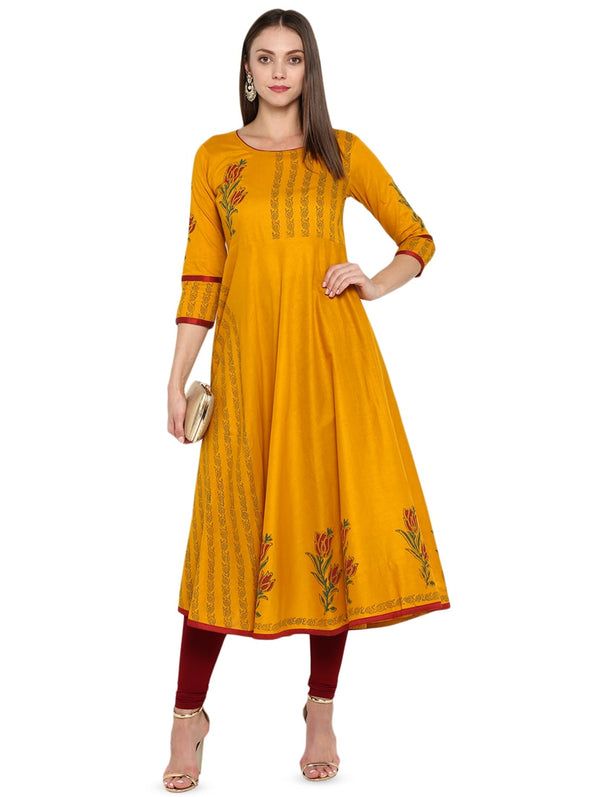 Women's Mustard Block Print Anarkali Kurta - Wahe-Noor