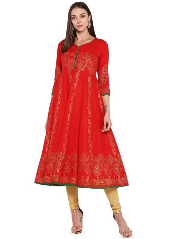 Women's Red Block Print Anarkali Kurta - Wahe-Noor