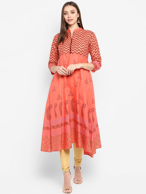 Women's Peach Block Print Anarkali Kurta - Wahe-Noor