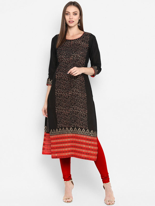 Women's Black Printed Straight Kurta - Wahe-Noor