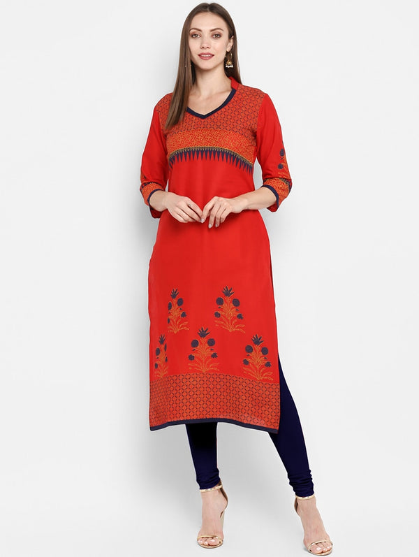 Women's Red Floral Straight Kurta - Wahe-Noor