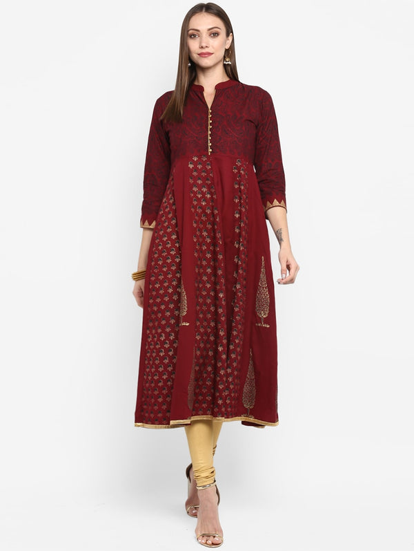 Women's Maroon Block Print Anarkali Kurta - Wahe-Noor