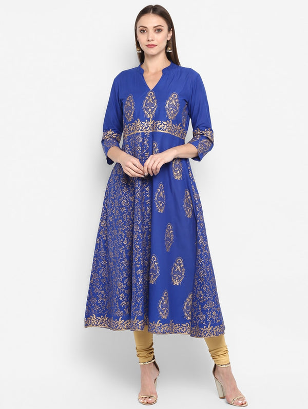 Women's Blue & Golden Block Print Anarkali Kurta - Wahe-Noor