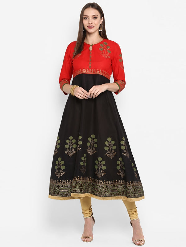 Women's Black & Red Block Print Anarkali Kurta - Wahe-Noor