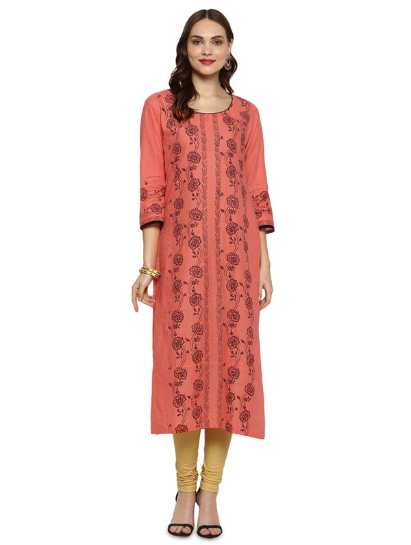 Women's Pink Floral Straight Kurta - Wahe-Noor