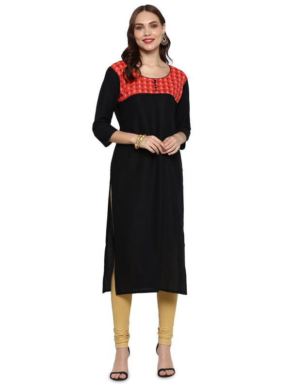 Women's Black & Red Floral Straight Kurta - Wahe-Noor