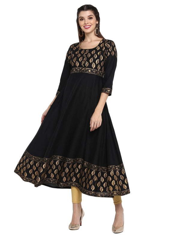 Women's Maroon Black &Golden Print Anarkali Kurta - Wahe-Noor