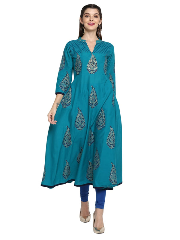 Women's Blue Block Print Anarkali Kurta - Wahe-Noor