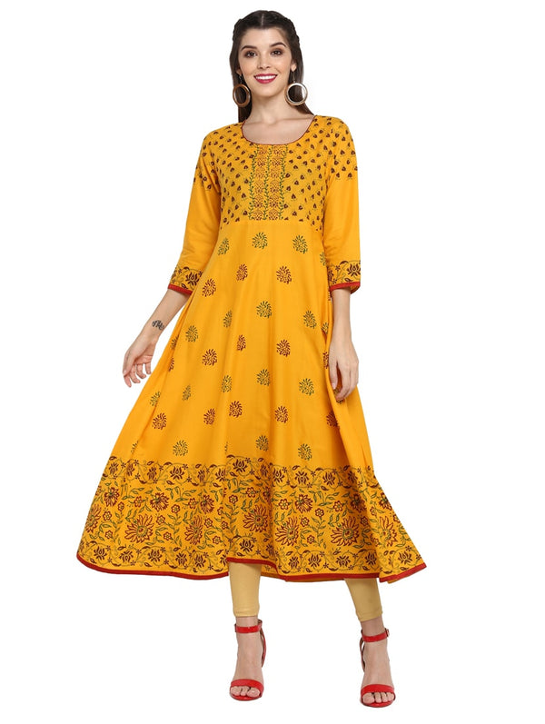 Women's Mustard Block Print Anarkali Kurta - Wahe-Noor