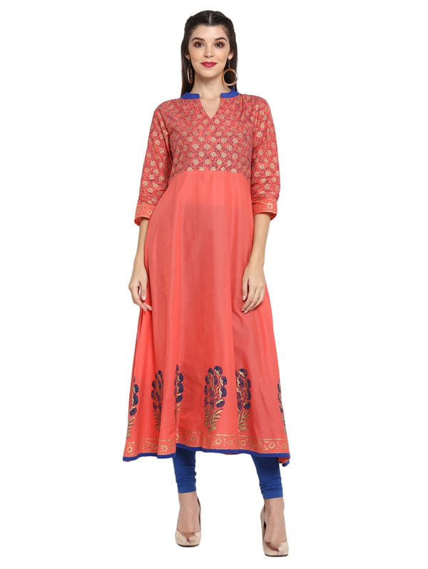 Women's Peach Block Print Anarkali Kurta - Wahe-Noor