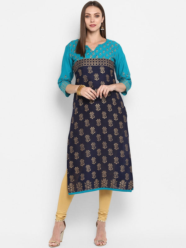 Women's Blue Printed Straight Kurta - Wahe-Noor