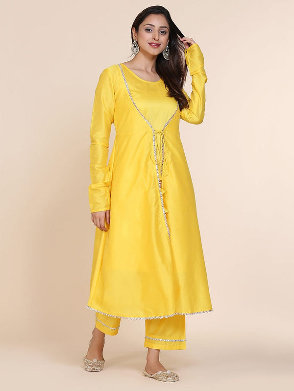 Women's Yellow Embellished Silk Blend Kurta & Pant Set - Cheera