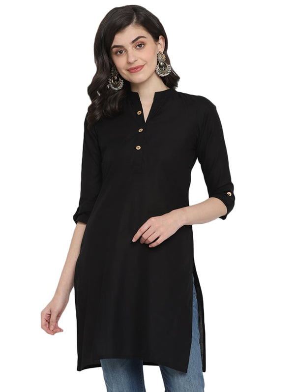 Women's Black Solid Cotton Straight Kurta - Wahe-Noor