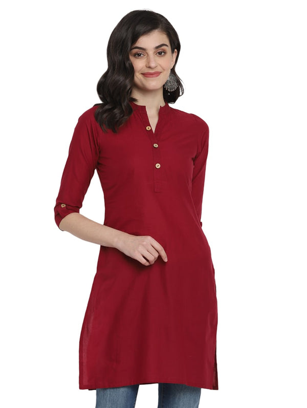 Women's Maroon Solid Cotton Straight Kurta - Wahe-Noor