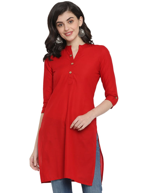 Women's Red Solid Cotton Straight Kurta - Wahe-Noor