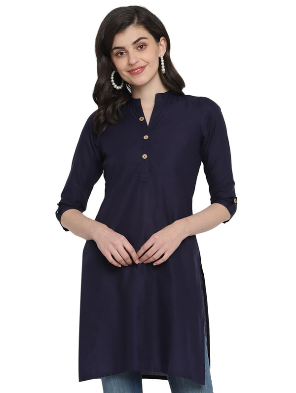 Women's Navy Blue Solid Cotton Straight Kurta - Wahe-Noor