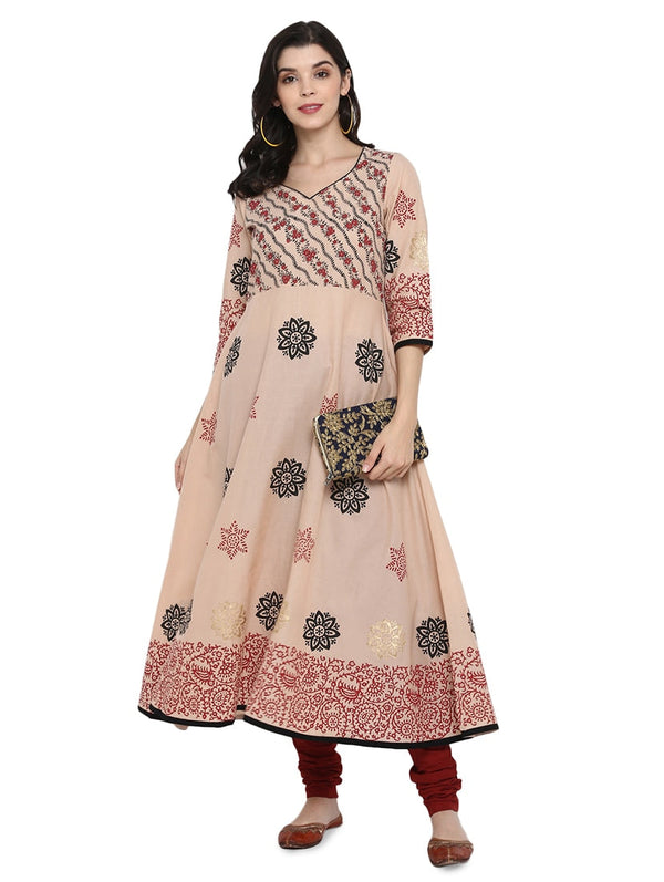 Women's Beige Block Print Anarkali Kurta - Wahe-Noor