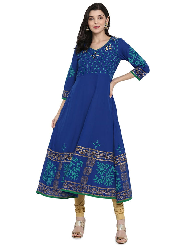 Women's Blue Block Print Anarkali Kurta - Wahe-Noor