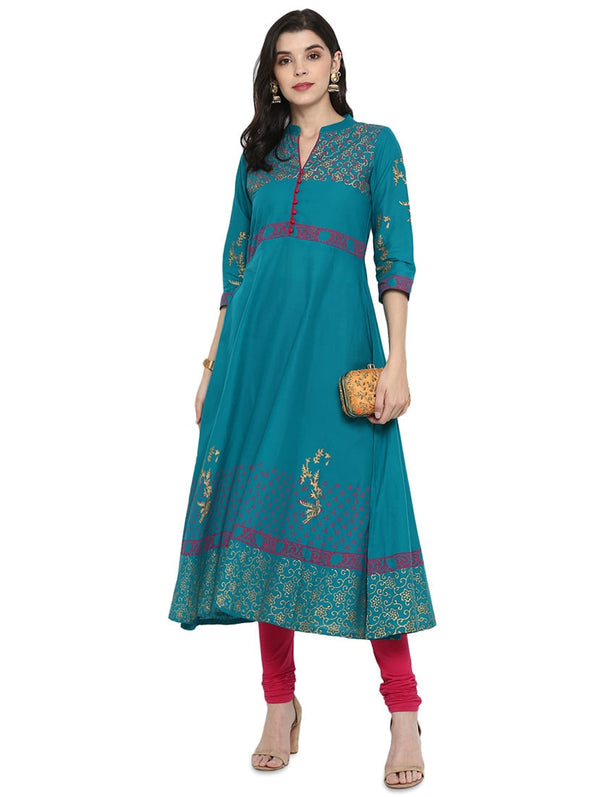 Women's Turquoise Block Print Anarkali Kurta - Wahe-Noor