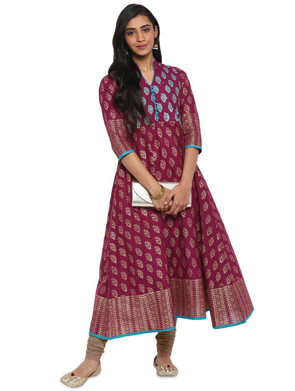 Women's Magenta Block Print Anarkali Kurta - Wahe-Noor