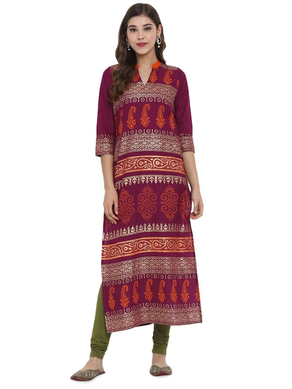 Women's Purple Printed Straight Kurta - Wahe-Noor