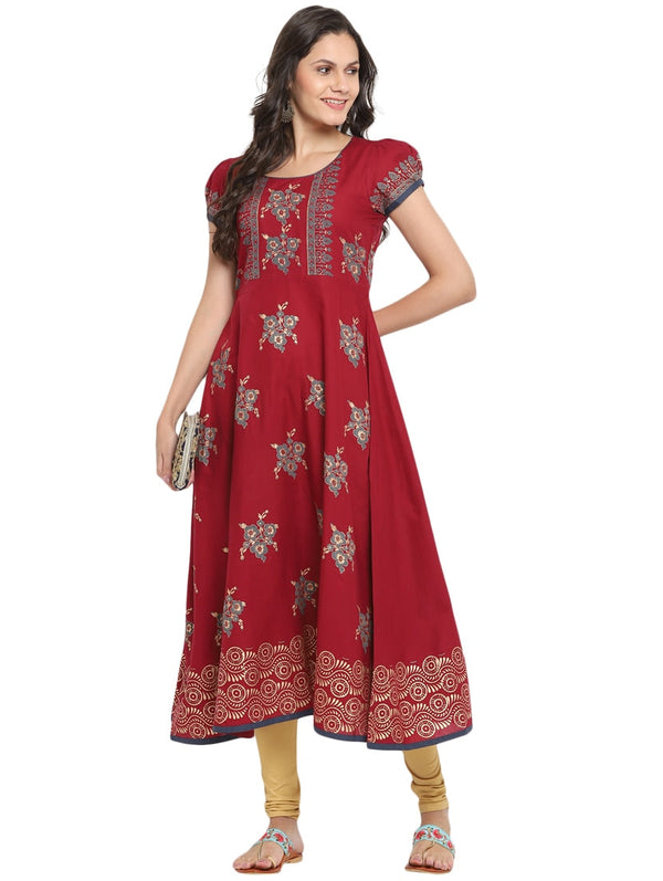 Women's Maroon Block Print Anarkali Kurta - Wahe-Noor