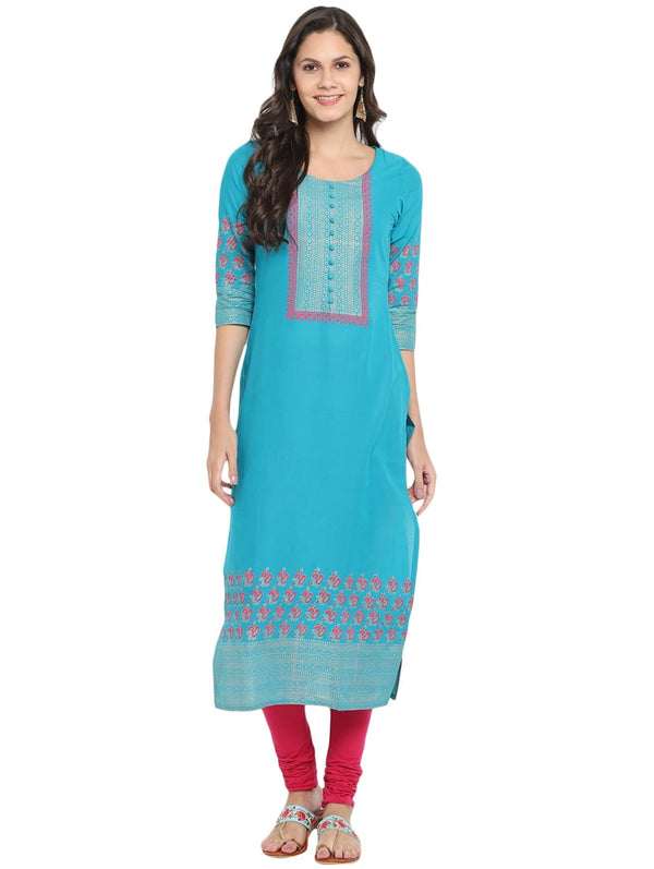 Women's Blue Printed Straight Kurta - Wahe-Noor