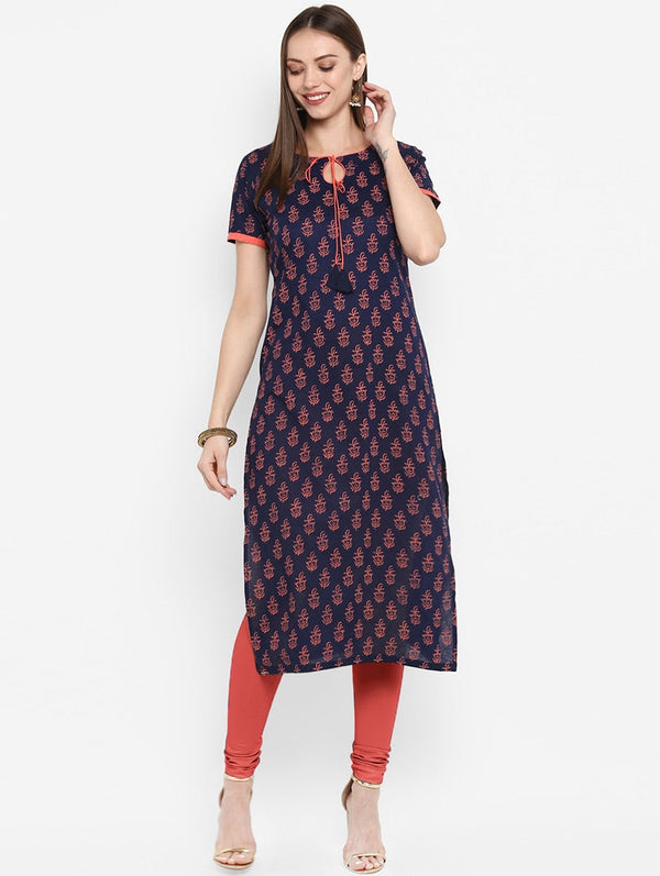 Women's Navy Blue Printed Straight Kurta - Wahe-Noor