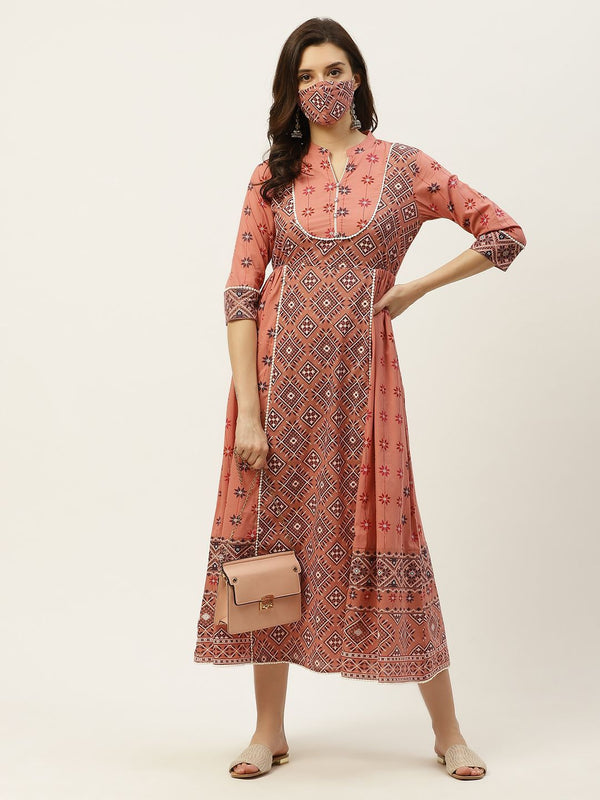 Women's Mexican Printed Flared Kurta Dress With Mask - Juniper