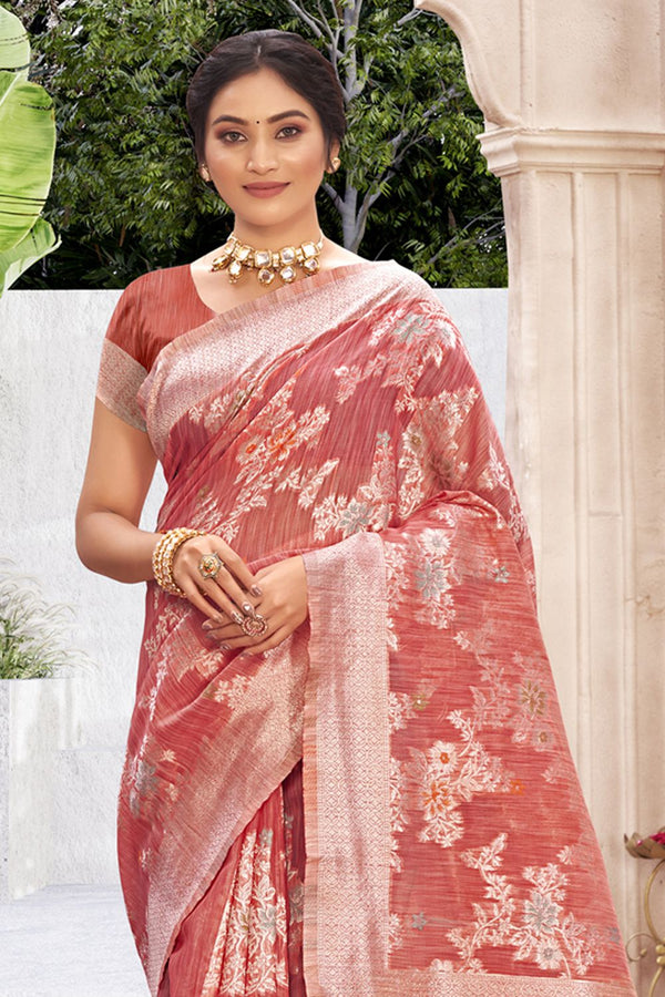 Women's Peach Cotton Silk Woven Zari Work Traditional Saree - Sangam Prints