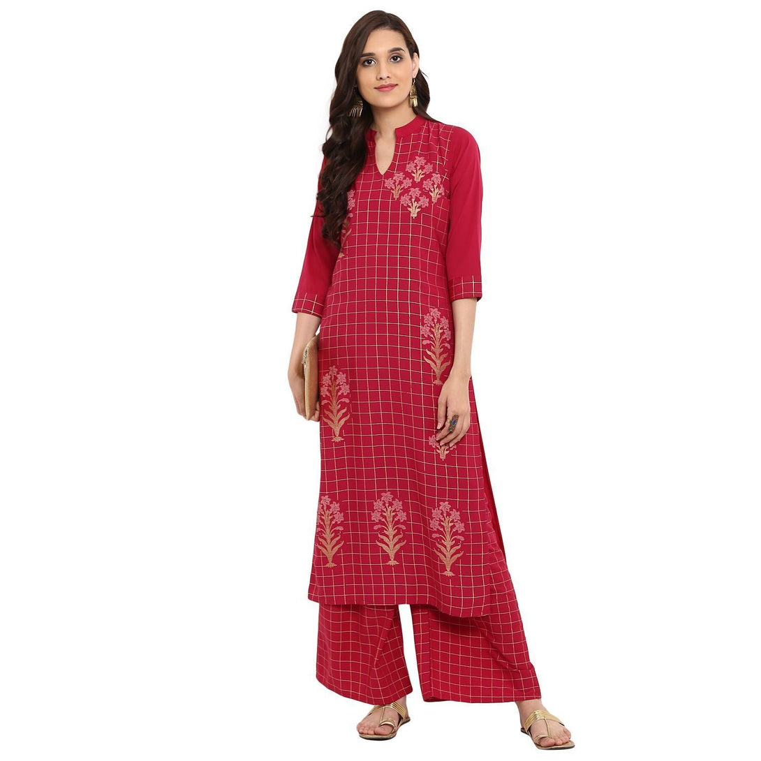 Women Maroon Printed Kurta & Palazzo Set by Ziyaa (2 Pc Set)