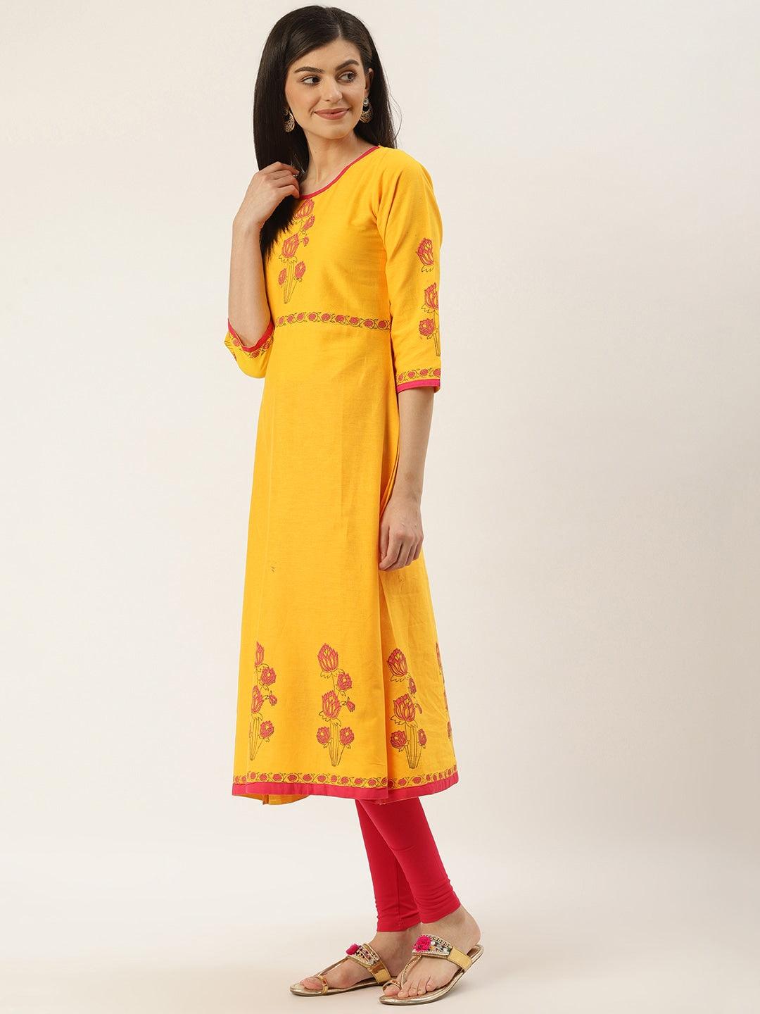 Women's Mustard Yellow & Pink Yoke Design A-Line Kurta - Noz2Toz - Indiakreations