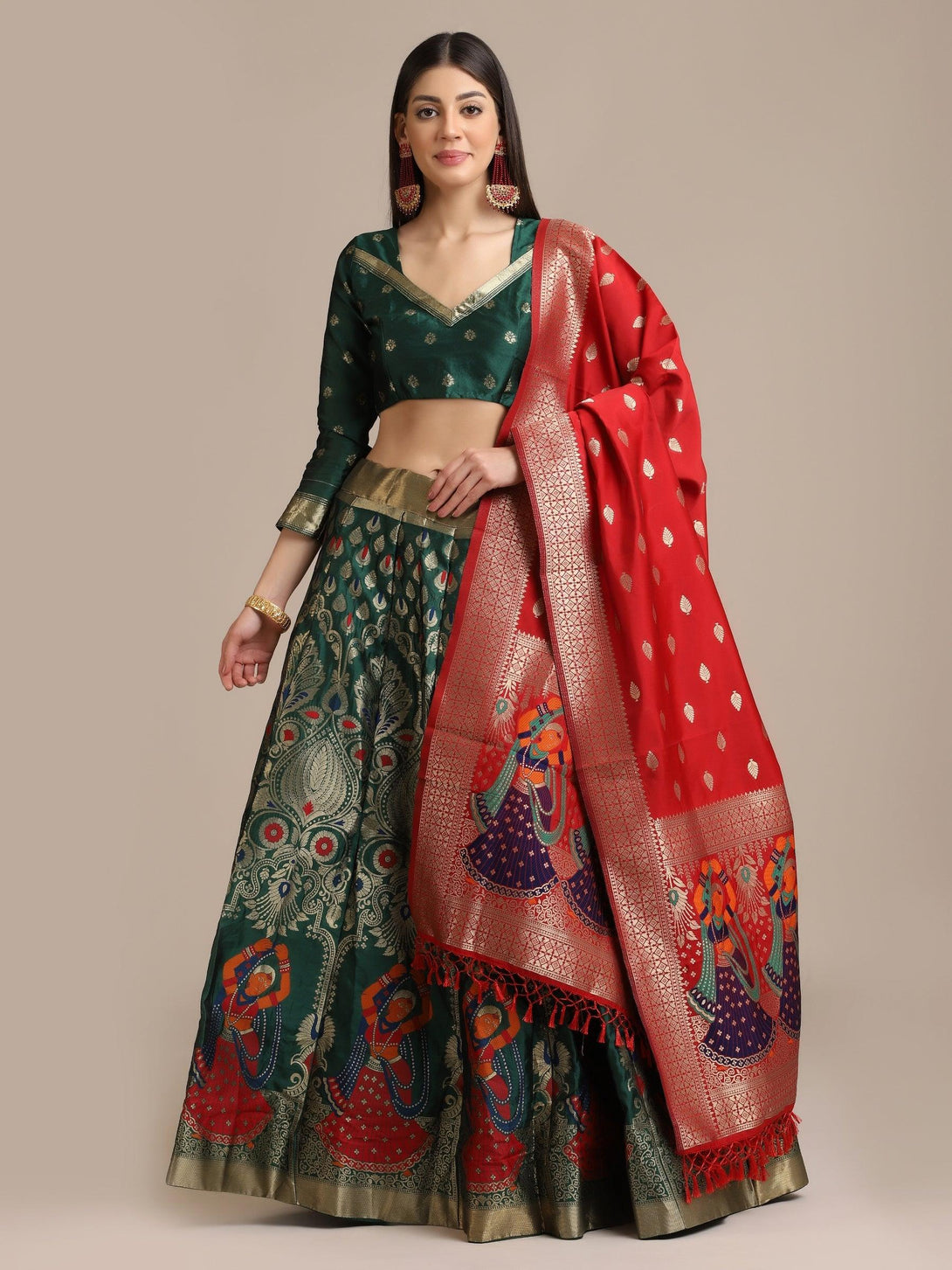 Green and Red Jacquard Silk Lehenga Choli with Zari Work - Indiakreations