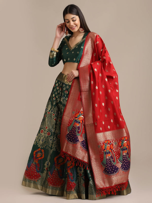 Green and Red Jacquard Silk Lehenga Choli with Zari Work - Indiakreations
