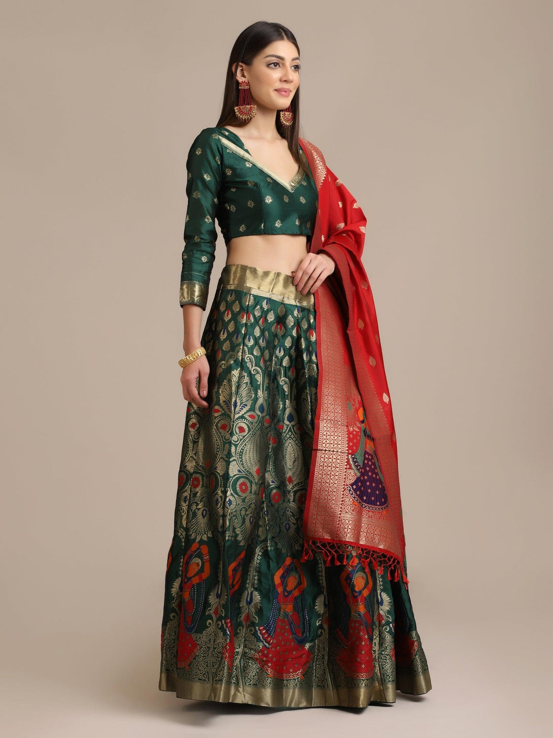 Green and Red Jacquard Silk Lehenga Choli with Zari Work - Indiakreations