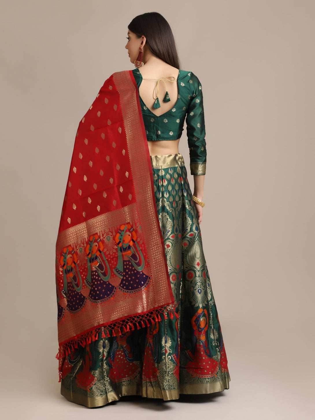 Green and Red Jacquard Silk Lehenga Choli with Zari Work - Indiakreations