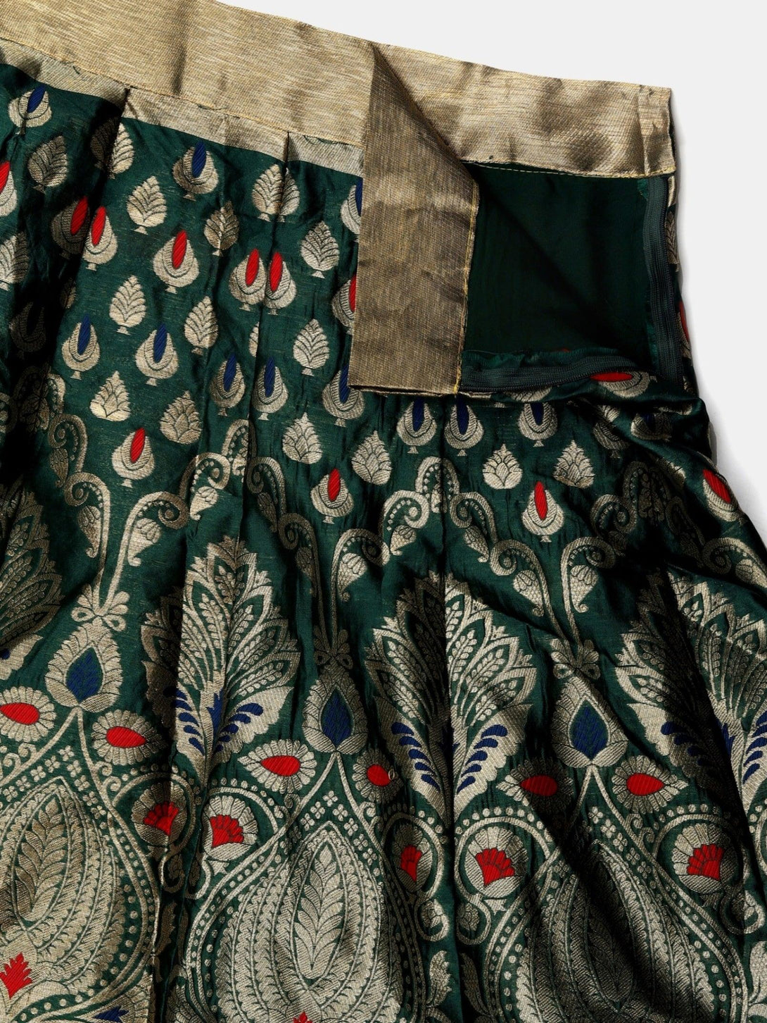 Green and Red Jacquard Silk Lehenga Choli with Zari Work - Indiakreations